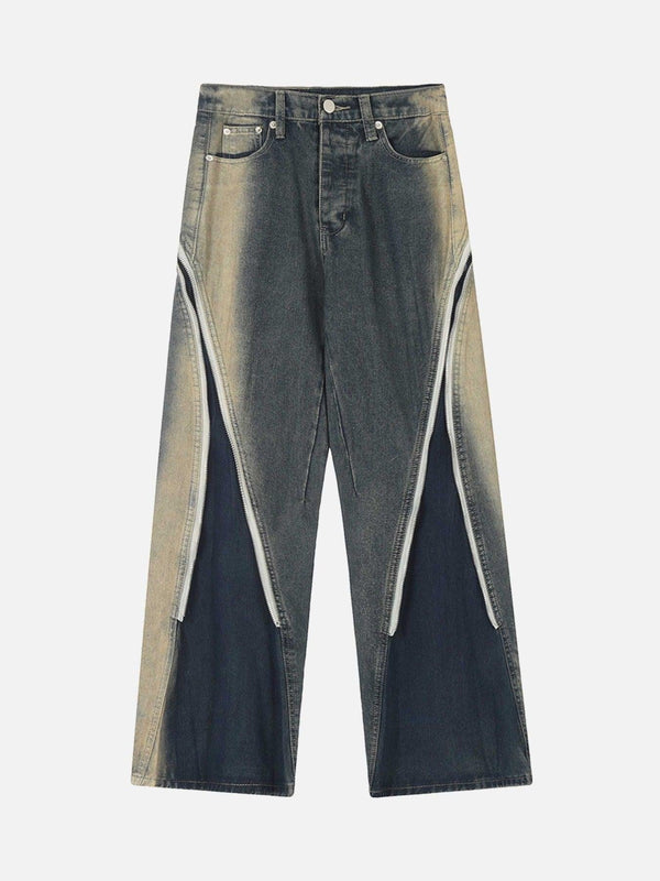 Front view of blue sprayed gradient wide-leg jeans by TALISHKO, featuring a unique design.