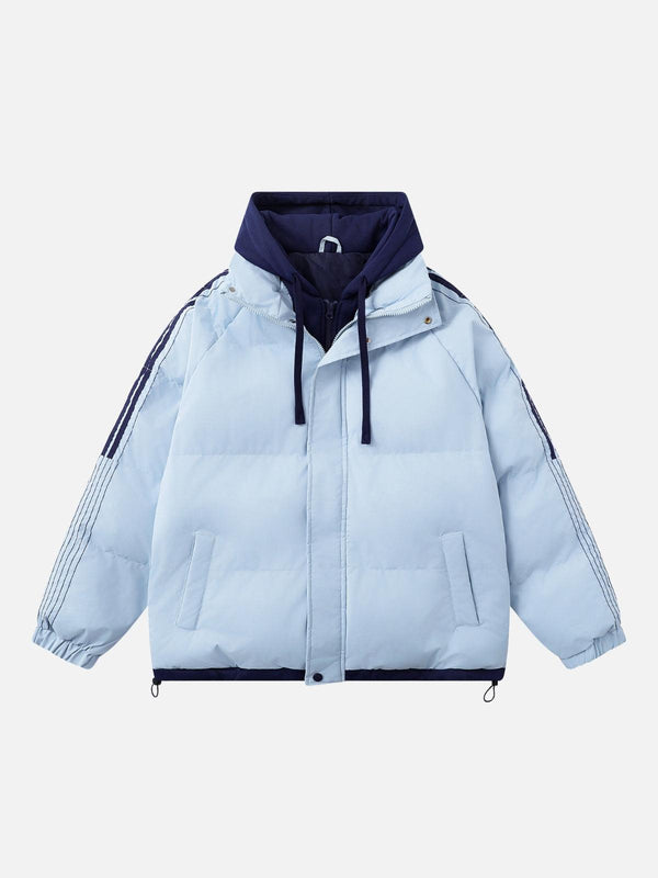 Front view of a blue duo-tone coat by TALISHKO, featuring a stylish hooded design.