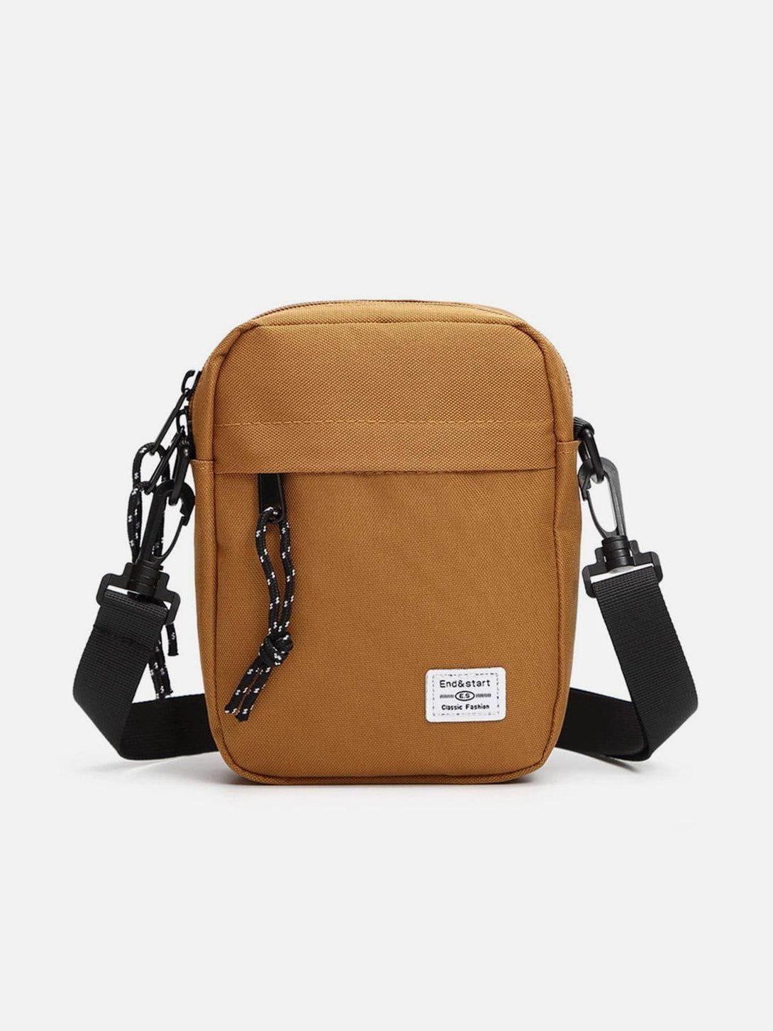 Front view of a yellow square crossbody bag by TALISHKO, featuring an adjustable strap.