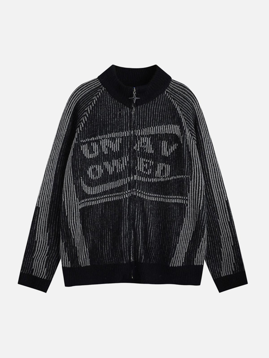 Front view of a black stand collar cardigan zip-up sweater by TALISHKO, featuring bold text design.