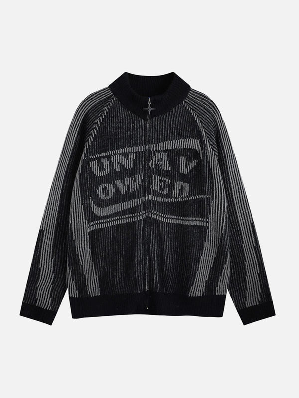 Front view of a black stand collar cardigan zip-up sweater by TALISHKO, featuring bold text design.
