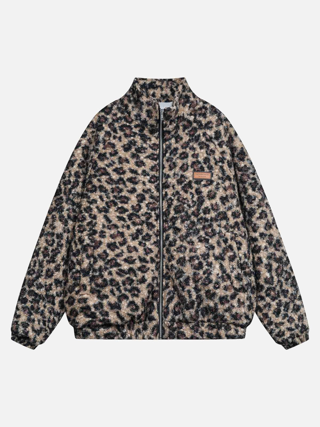 Front view of TALISHKO's brown cheetah print fleece jacket with a stylish stand collar.