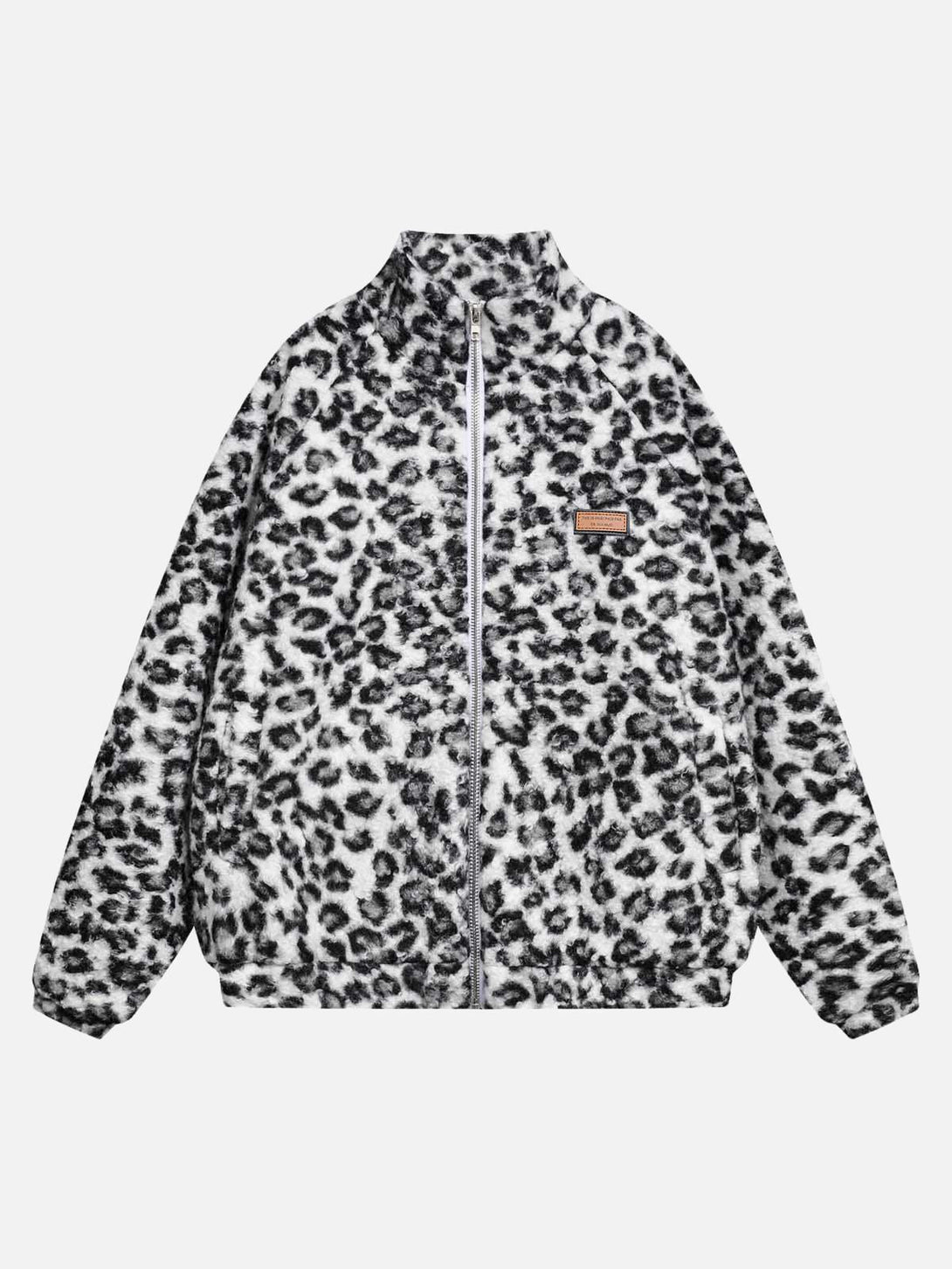 Front view of TALISHKO's white fleece jacket with bold cheetah print and stand collar.