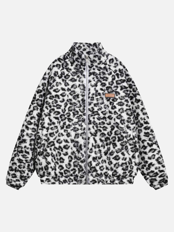 Front view of TALISHKO's white fleece jacket with bold cheetah print and stand collar.