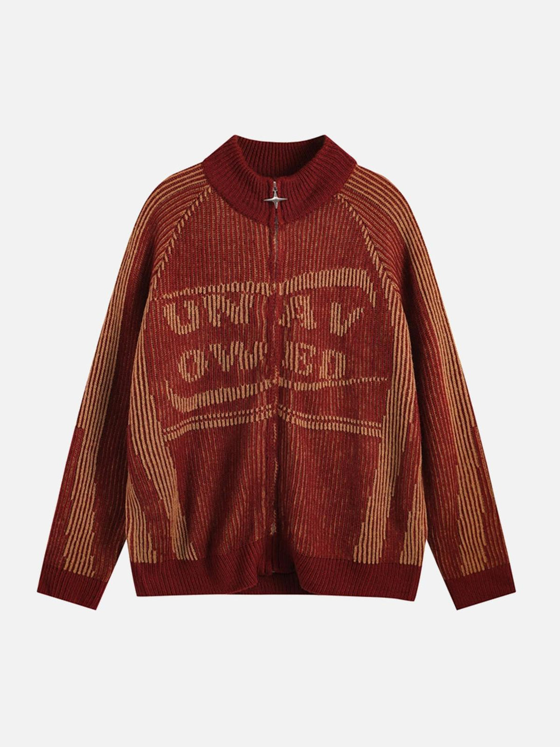 Front view of an orange stand collar zip-up cardigan by TALISHKO, featuring a bold text design.