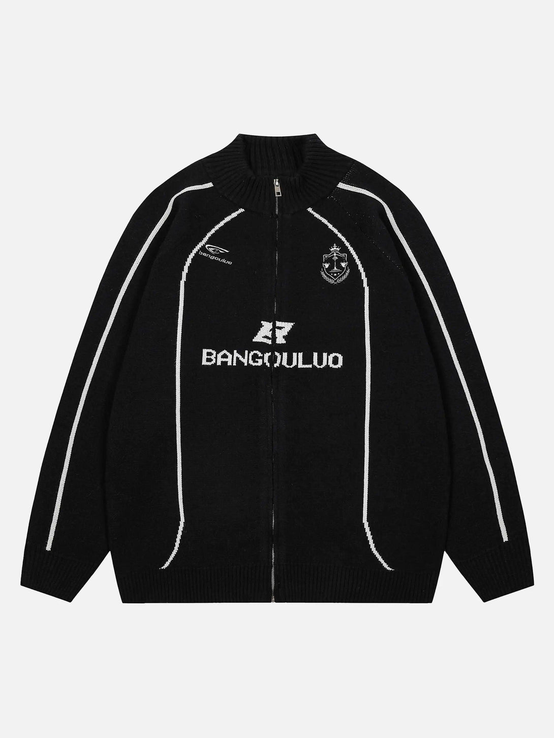 Front view of a black stand collar racing zip-up cardigan by TALISHKO, featuring white piping.