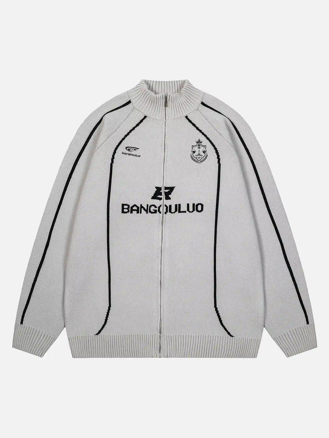 Front view of a gray racing zip-up cardigan by TALISHKO, featuring black piping design.