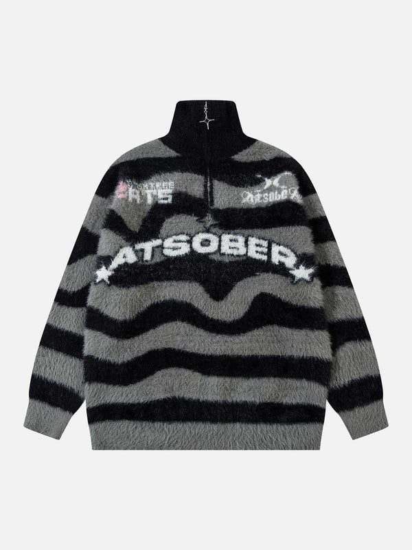Front view of a black striped fleece sweater with a stand collar by TALISHKO, perfect for urban style.