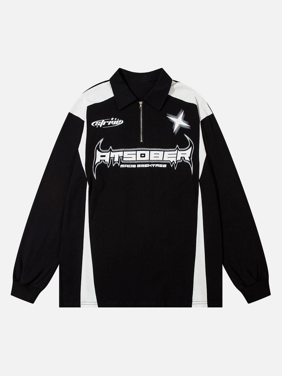 Front view of a TALISHKO black long sleeve shirt featuring bold graphics and star accents.