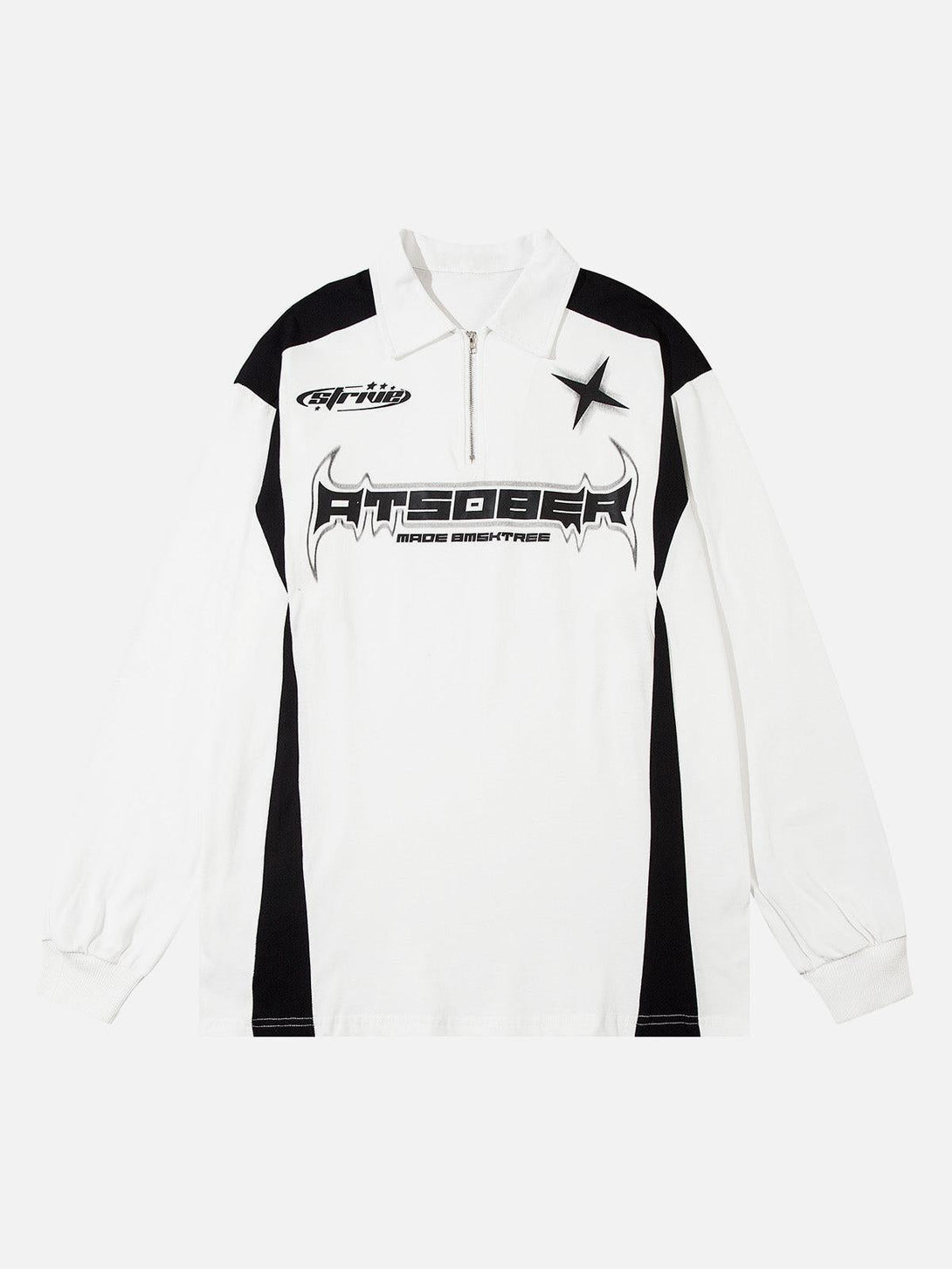 Front view of a white TALISHKO long sleeve shirt with star detail and bold graphics.