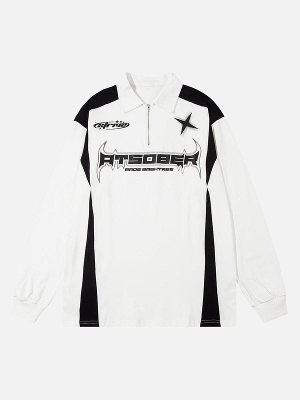 Front view of a white TALISHKO long sleeve shirt with star detail and bold graphics.