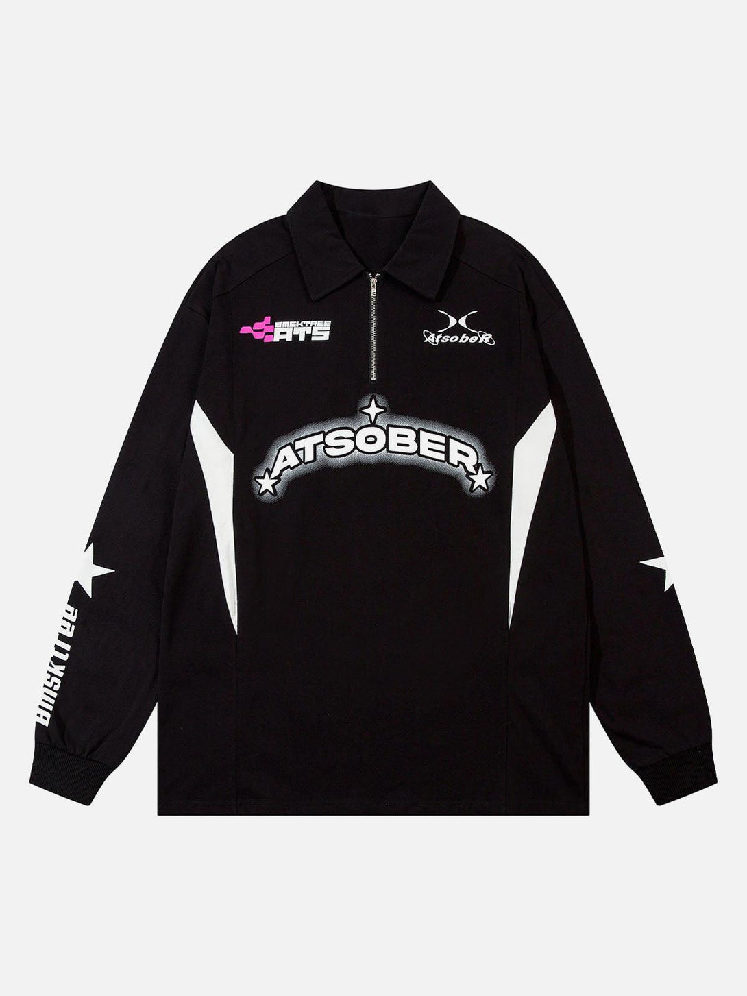 Front view of a black long sleeve quarter zipper shirt by TALISHKO, featuring star details.