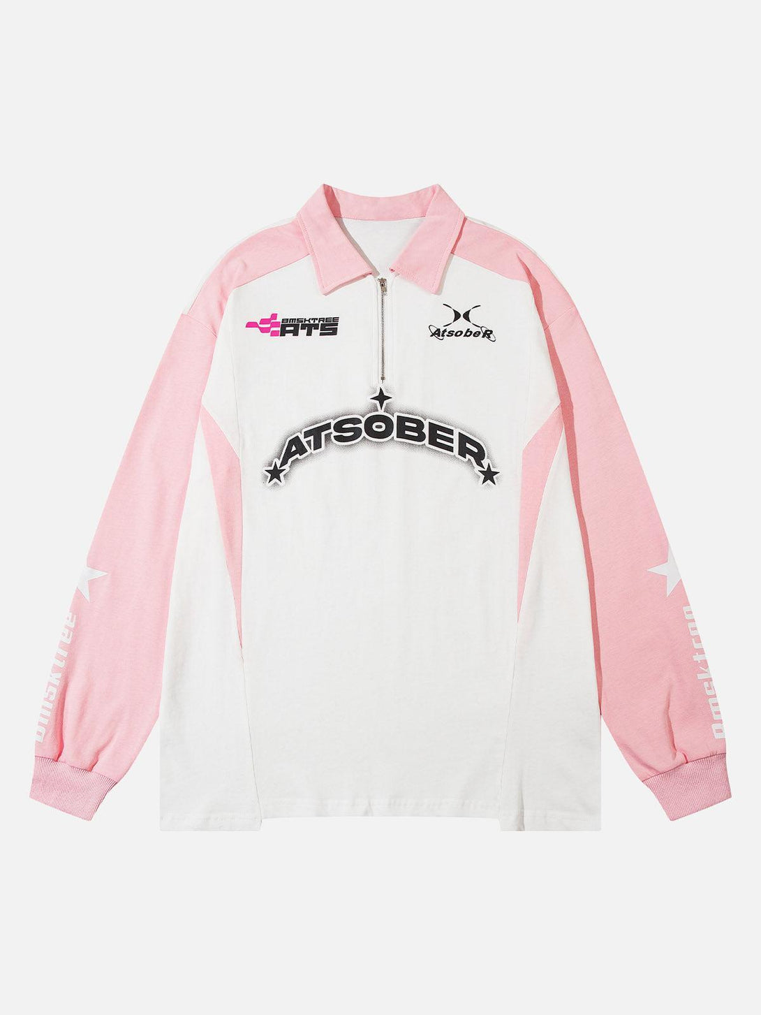 Front view of a pink and white quarter-zip shirt by TALISHKO, featuring bold star graphics.