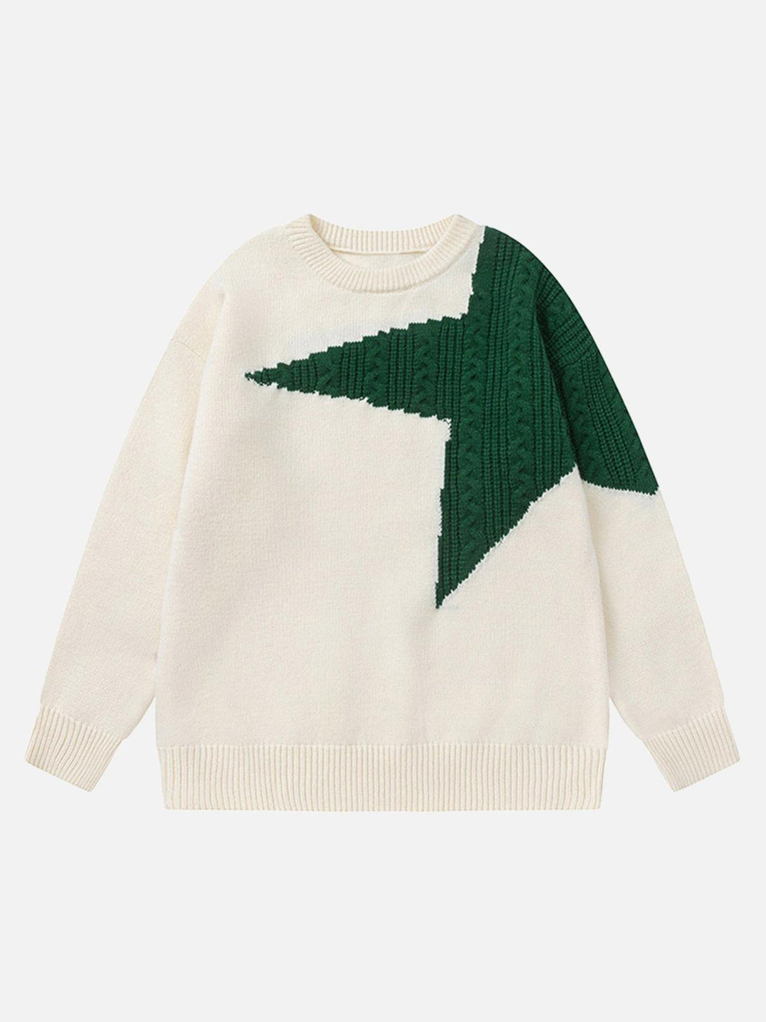 Front view of an apricot knit sweater with a bold green star design by TALISHKO.