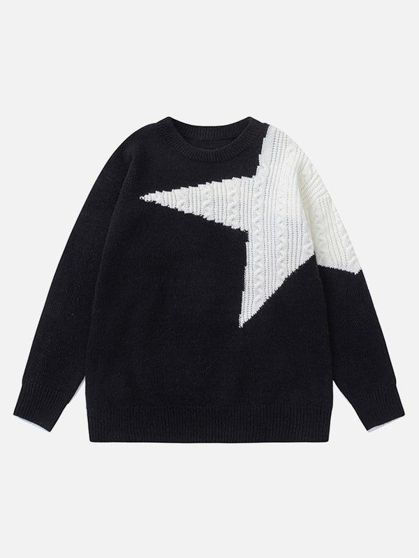 Front view of a black knit sweater featuring a white star design by TALISHKO.