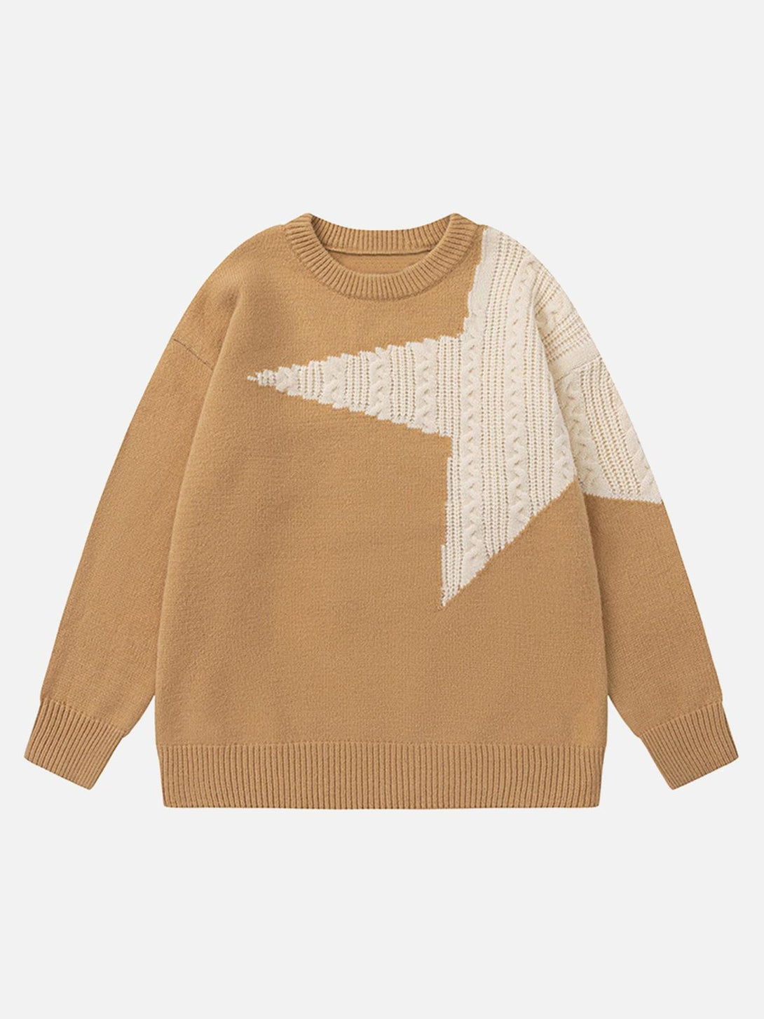Front view of an orange knit sweater with a striking star pattern by TALISHKO.