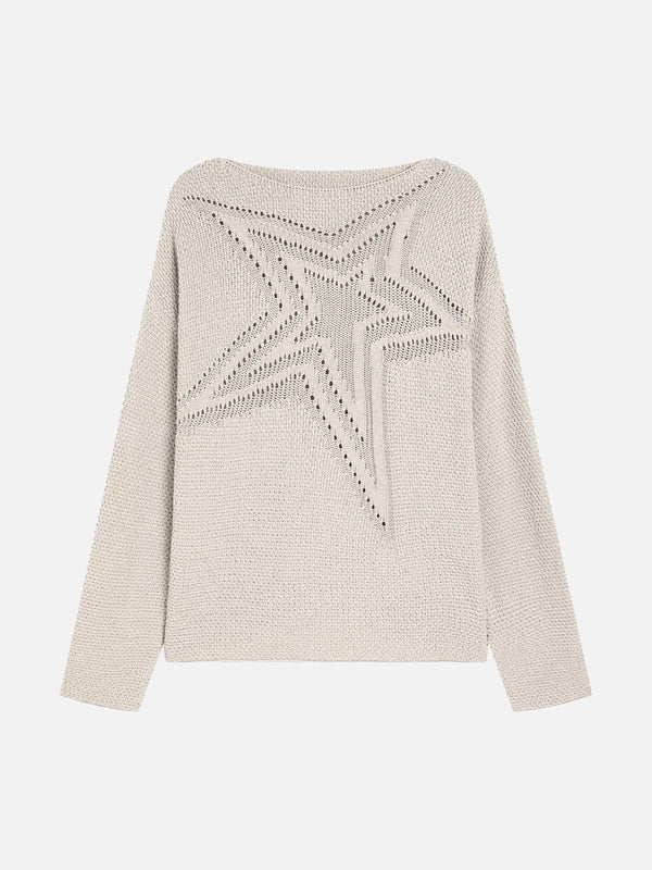 Back view of a beige star cutout boatneck sweater by TALISHKO, featuring a bold star design.
