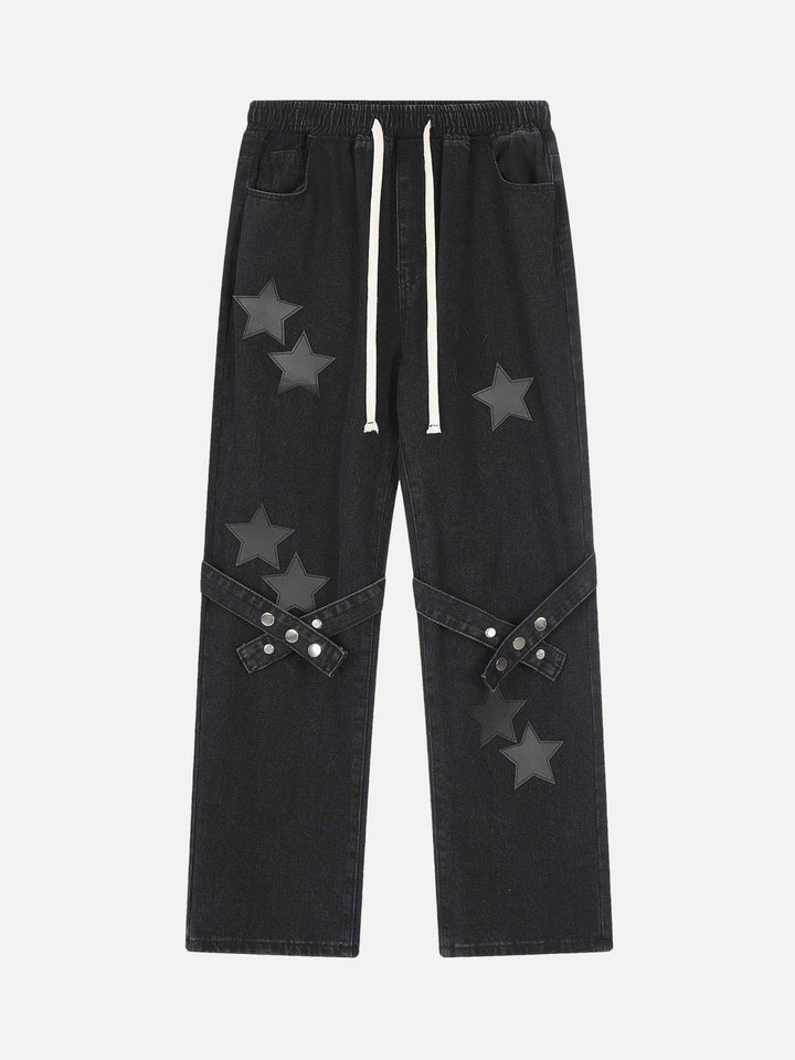 TALISHKO - Star Embroidered Flutter Belt Elastic Waist Jeans, streetwear fashion, talishko.com