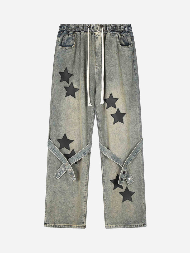 TALISHKO - Star Embroidered Flutter Belt Elastic Waist Jeans, streetwear fashion, talishko.com