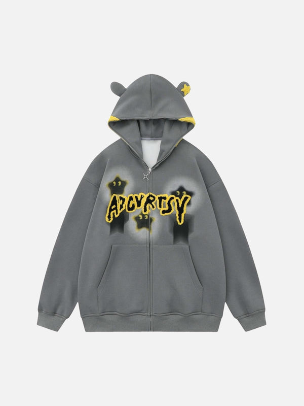 Gray hooded sweatshirt with star embroidery by TALISHKO, featuring playful ear accents.