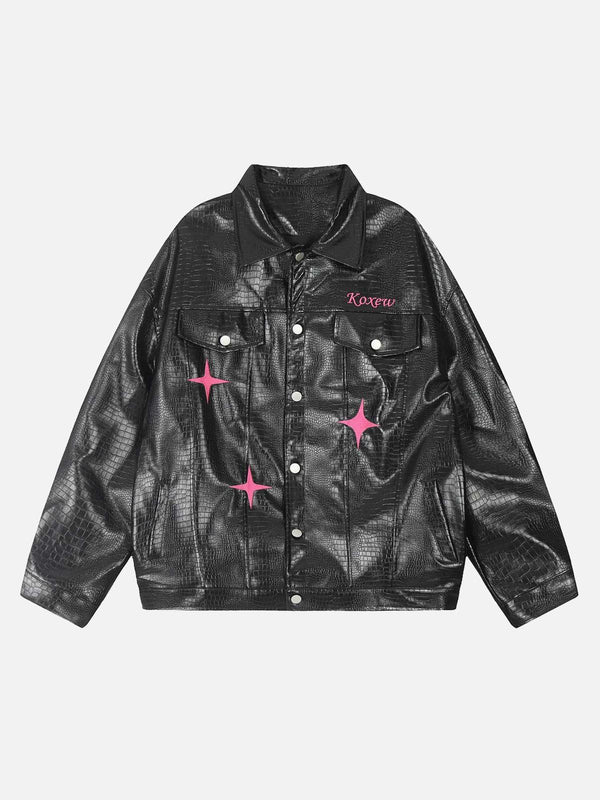 TALISHKO black PU leather jacket with pink star embroidery, showcasing a bold street style front view.