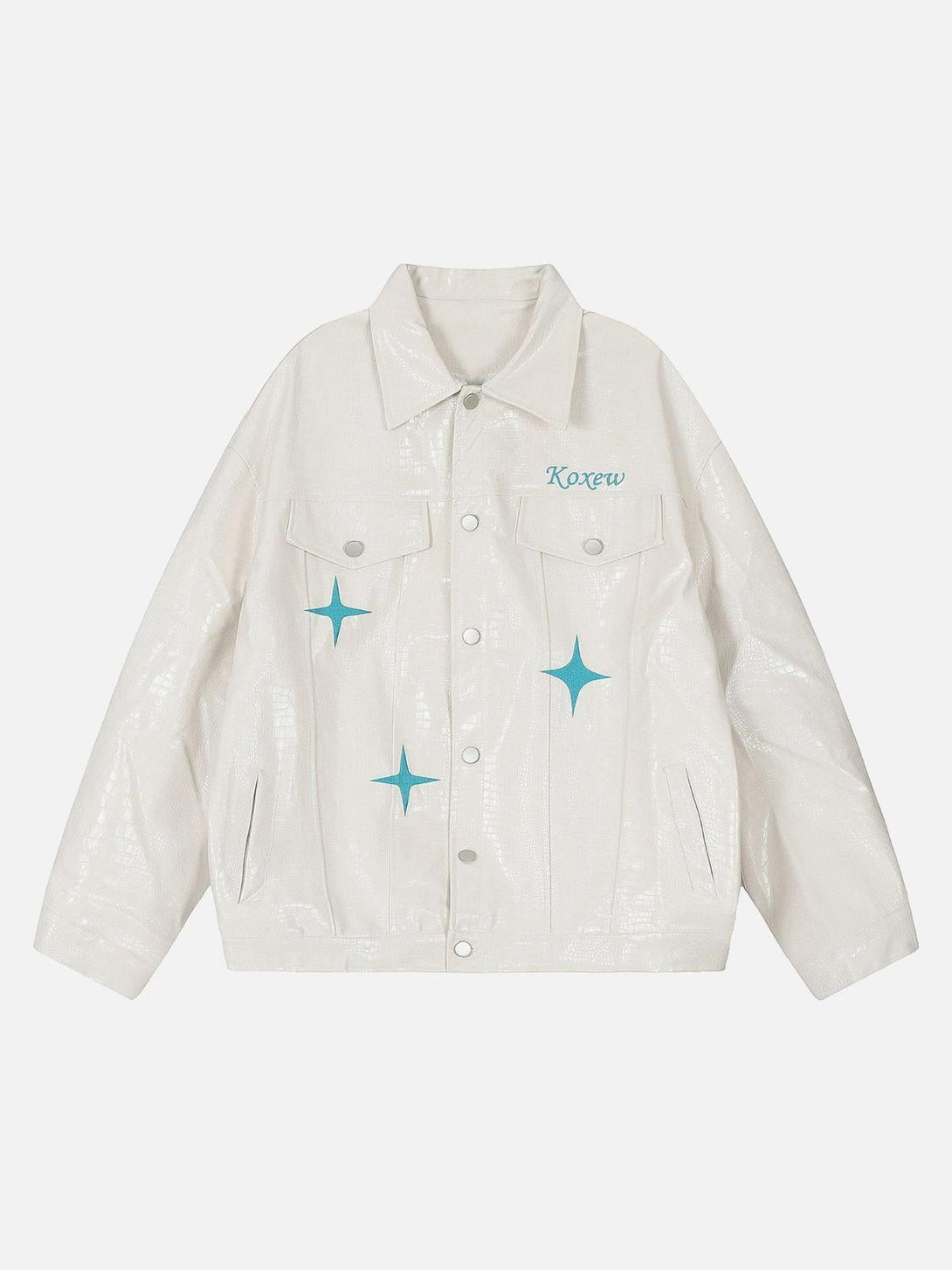 Front view of TALISHKO white PU leather jacket featuring blue star embroidery for a trendy look.