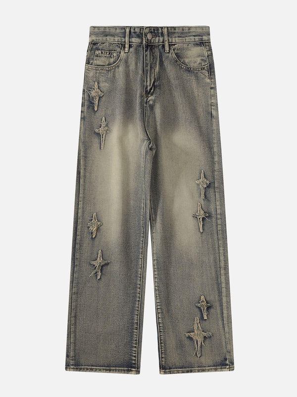 Front view of gray star embroidered washed jeans by TALISHKO, ideal for casual street style.