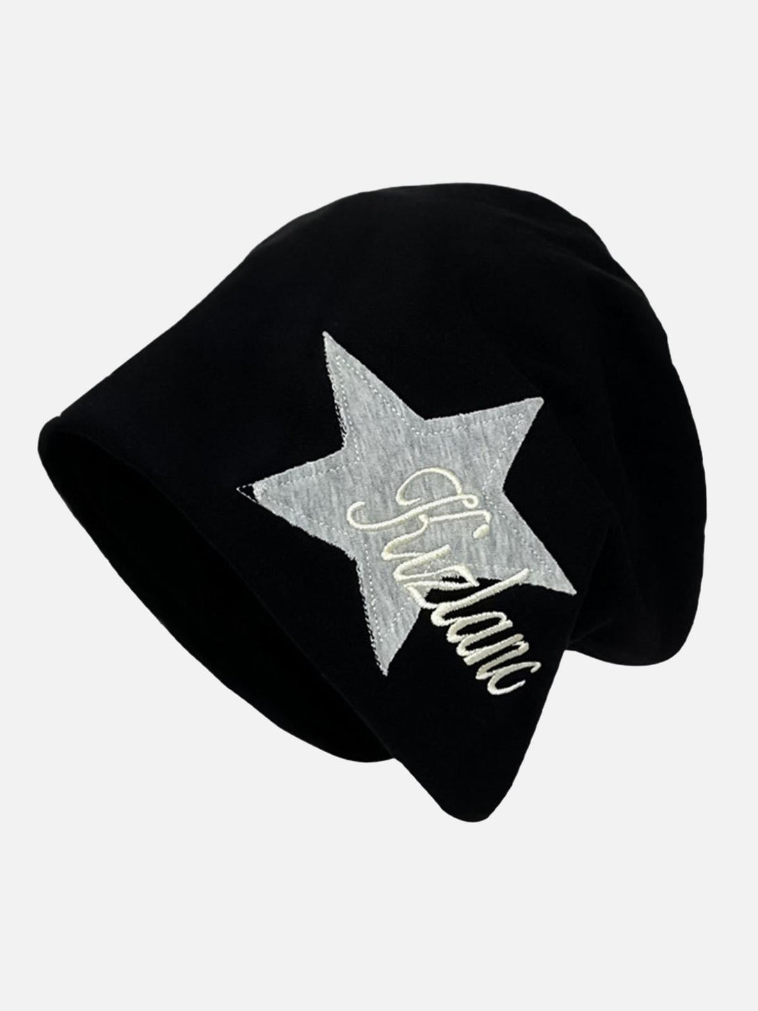 Black wrap hat with star embroidery by TALISHKO, adding a stylish touch to urban outfits.