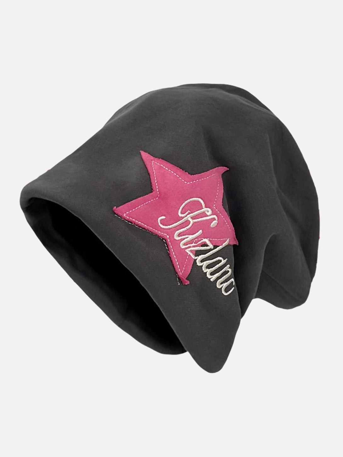 Dark gray wrap hat with pink star embroidery by TALISHKO, adding a stylish flair to any outfit.