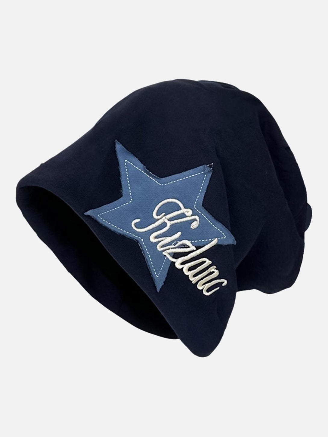 Navy wrap hat with star embroidery, offering a stylish touch by TALISHKO.