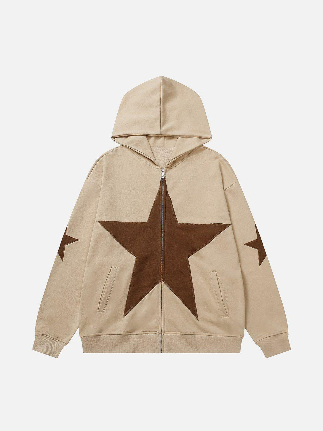 Front view of an apricot star graphic print hoodie by TALISHKO, featuring bold star design.