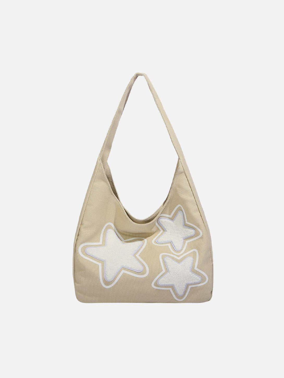 Front view of beige star graphic tote bag by TALISHKO, highlighting a playful, casual vibe.