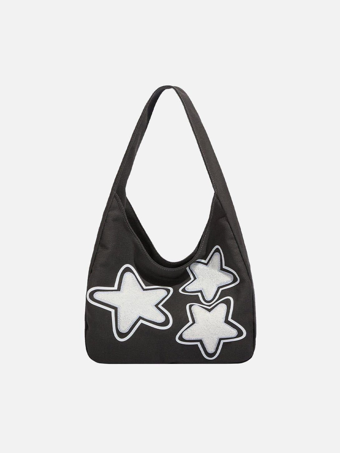 Front view of black star graphic tote bag by TALISHKO, perfect for adding playful flair.