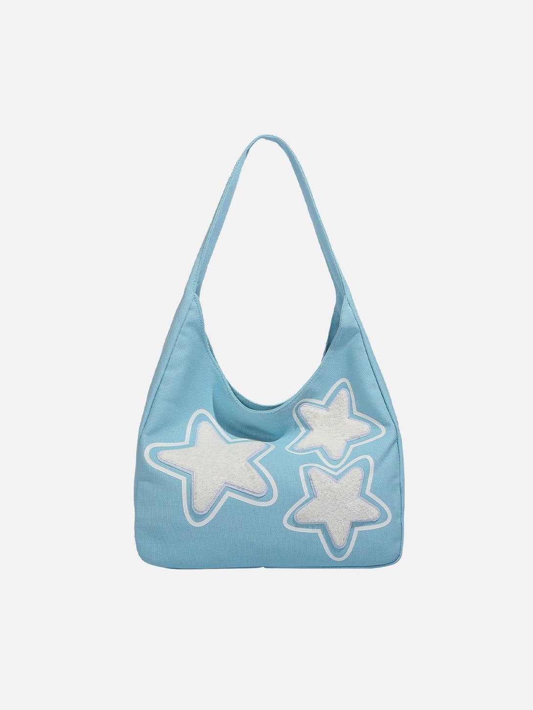 Front view of blue star graphic tote bag by TALISHKO, featuring a playful, casual flair.