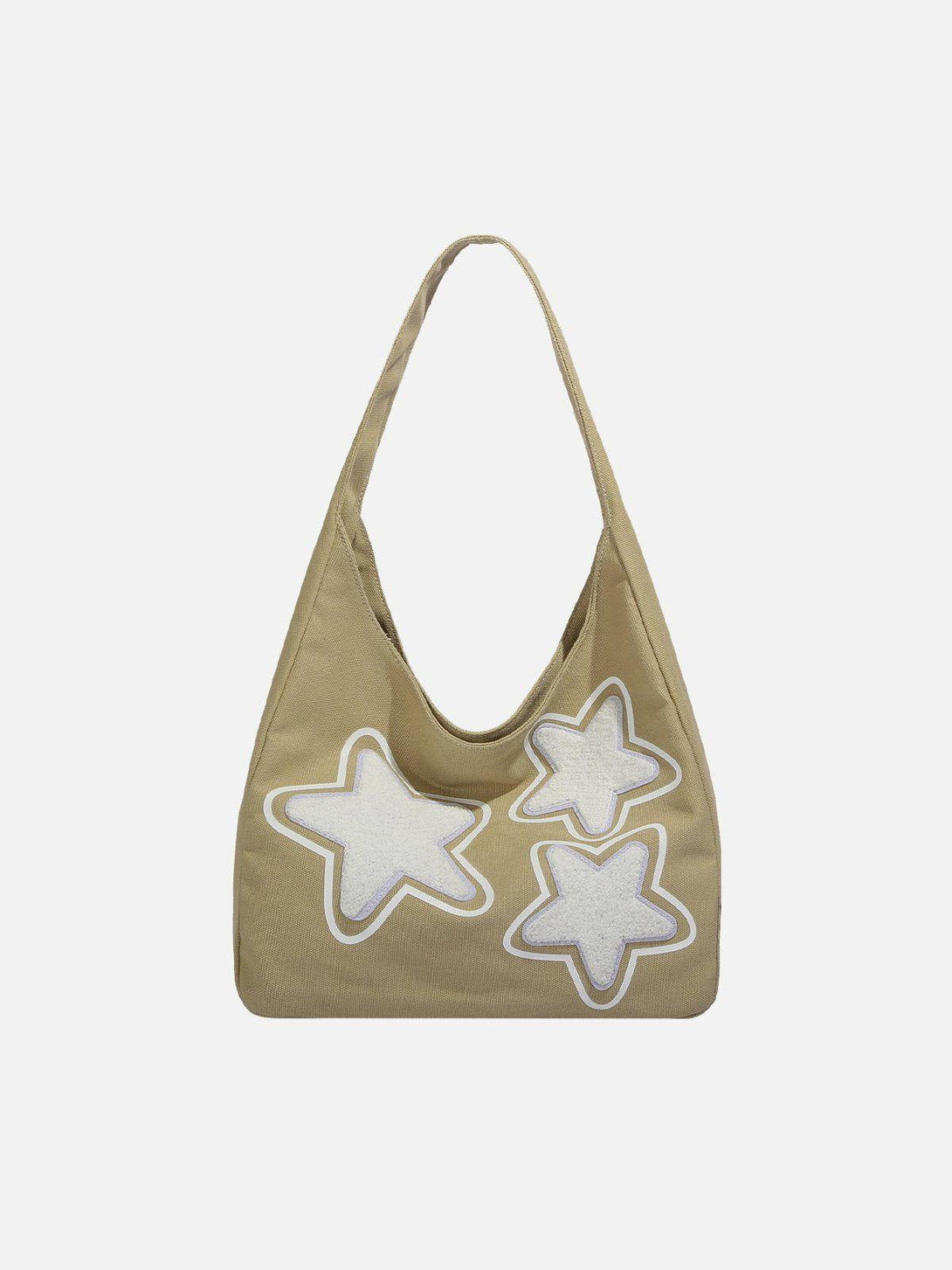 Khaki star graphic tote bag by TALISHKO, front view featuring a playful, casual design.