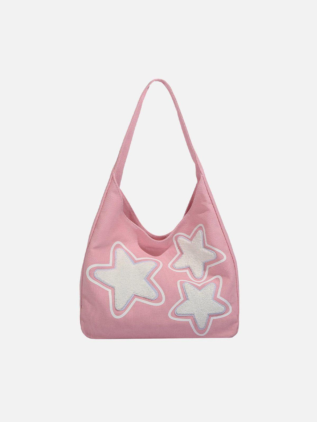 Pink star graphic tote bag by TALISHKO, front view showcasing playful street style design.