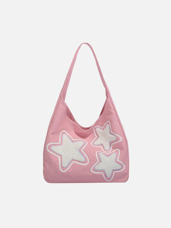 Pink star graphic tote bag by TALISHKO, front view showcasing playful street style design.
