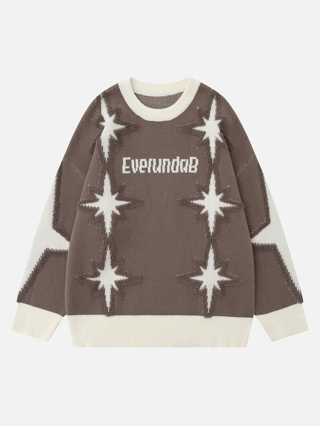 Front view of light brown star jacquard crew neck sweater by TALISHKO, featuring bold star patterns.