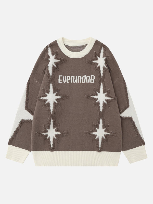 Front view of light brown star jacquard crew neck sweater by TALISHKO, featuring bold star patterns.