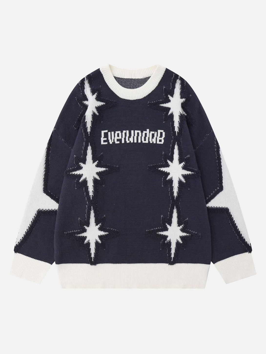 Navy star-patterned crew neck sweater by TALISHKO, front view showcasing bold design.