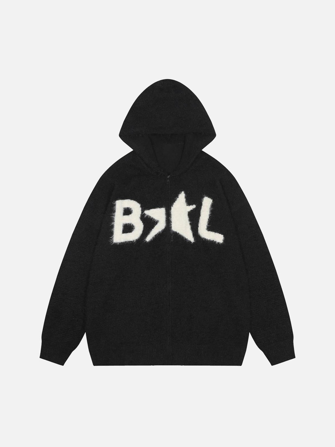 Front view of TALISHKO's black hooded zip-up cardigan sweater with bold white lettering.