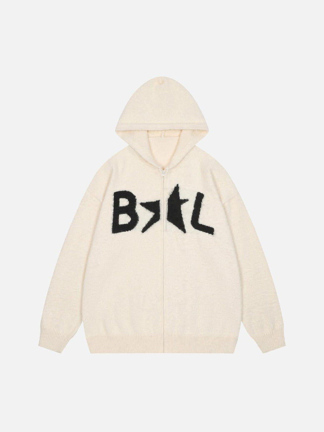 Front view of TALISHKO's cozy white hooded zip-up cardigan sweater with bold black lettering.