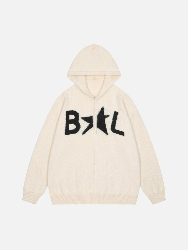 Front view of TALISHKO's cozy white hooded zip-up cardigan sweater with bold black lettering.
