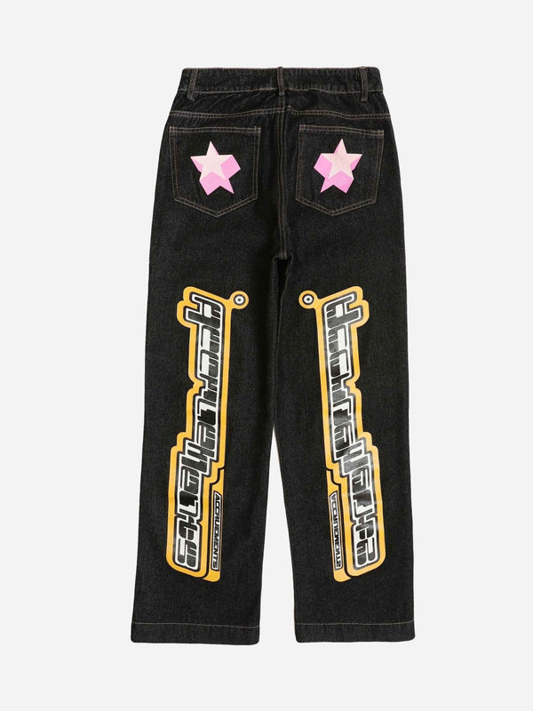 TALISHKO - Star Letter Print Jeans, streetwear fashion, talishko.com