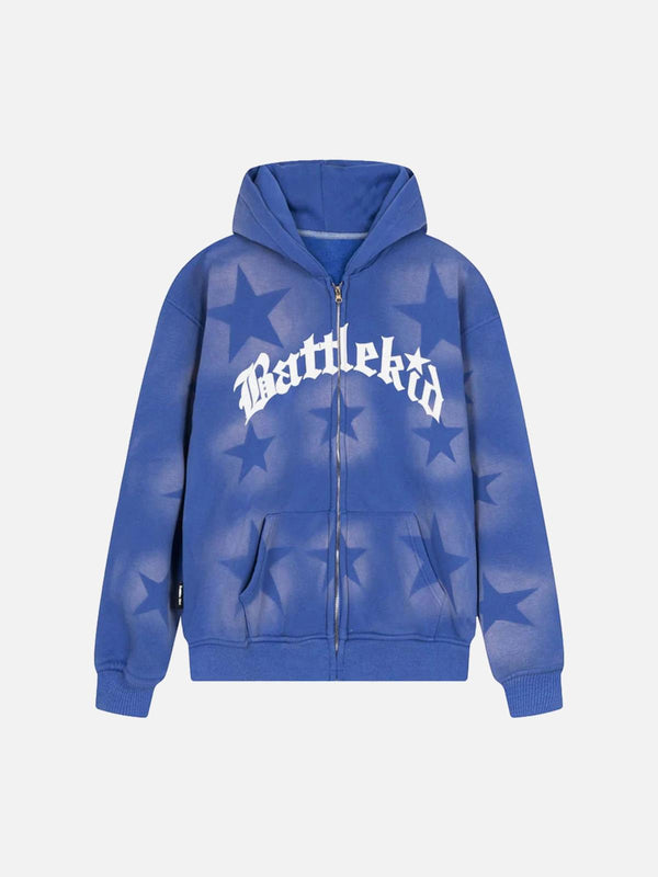 Front view of a blue TALISHKO hoodie featuring star patterns and bold lettering, ideal for urban style.