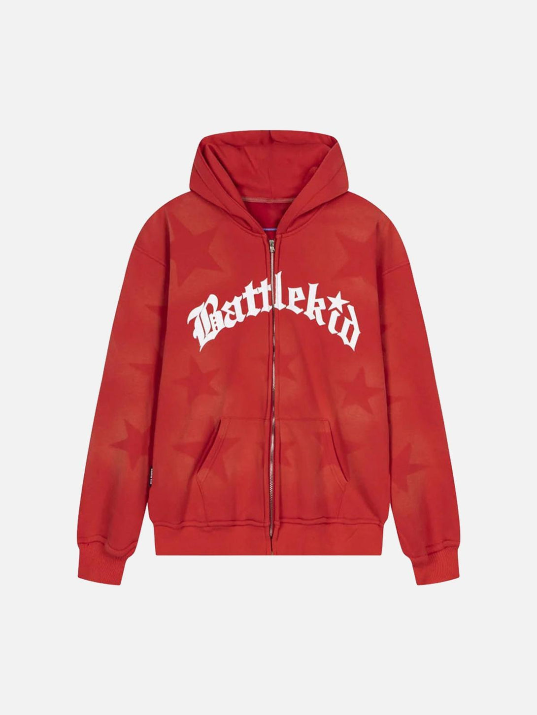 Front view of a red TALISHKO hoodie with star patterns and bold lettering, perfect for urban wear.