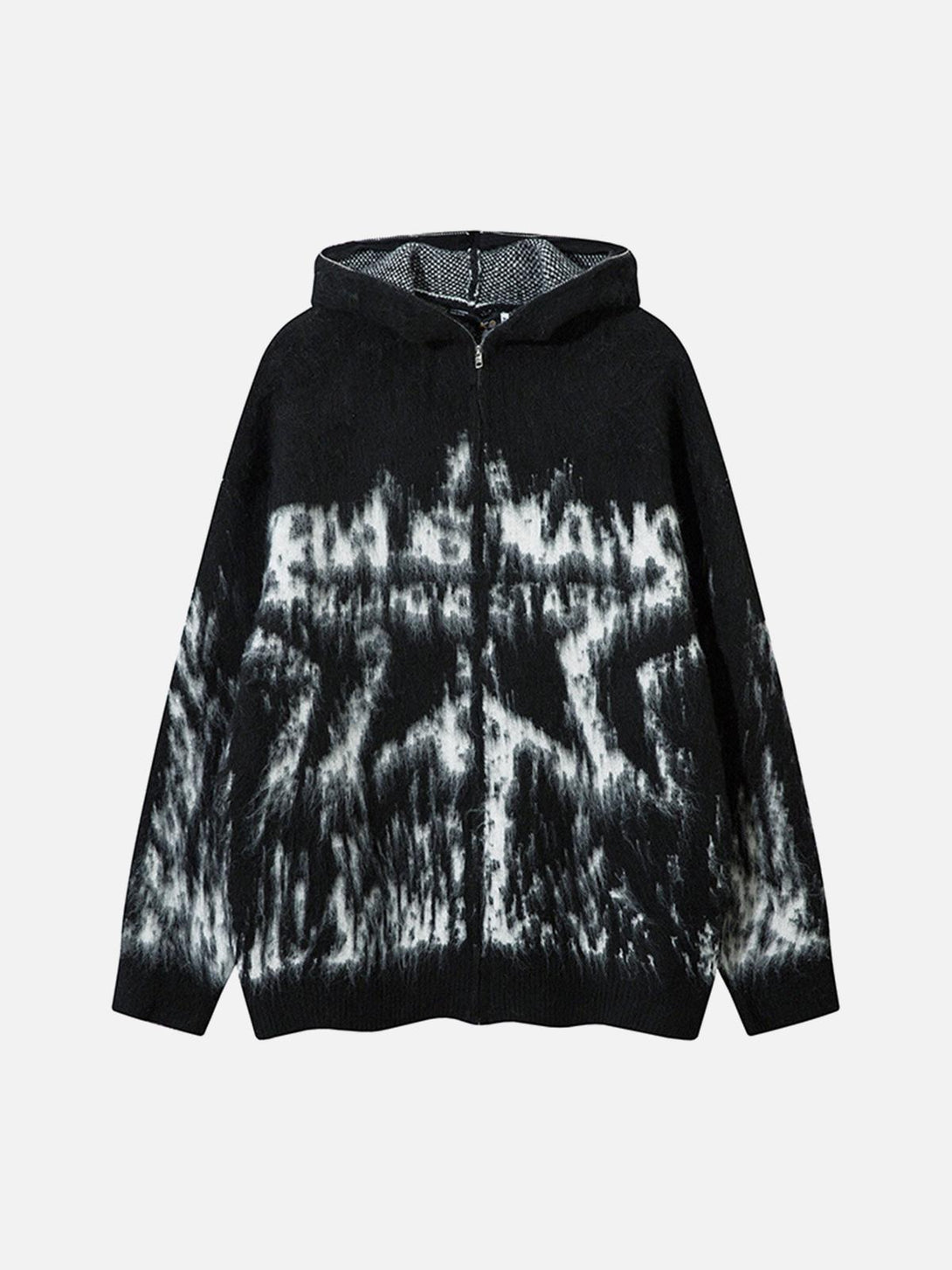 Front view of a black mohair fuzzy hooded zip-up sweater by TALISHKO, featuring a bold star pattern.