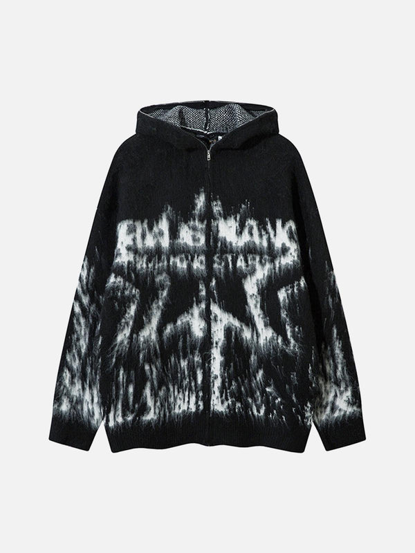 Front view of a black mohair fuzzy hooded zip-up sweater by TALISHKO, featuring a bold star pattern.