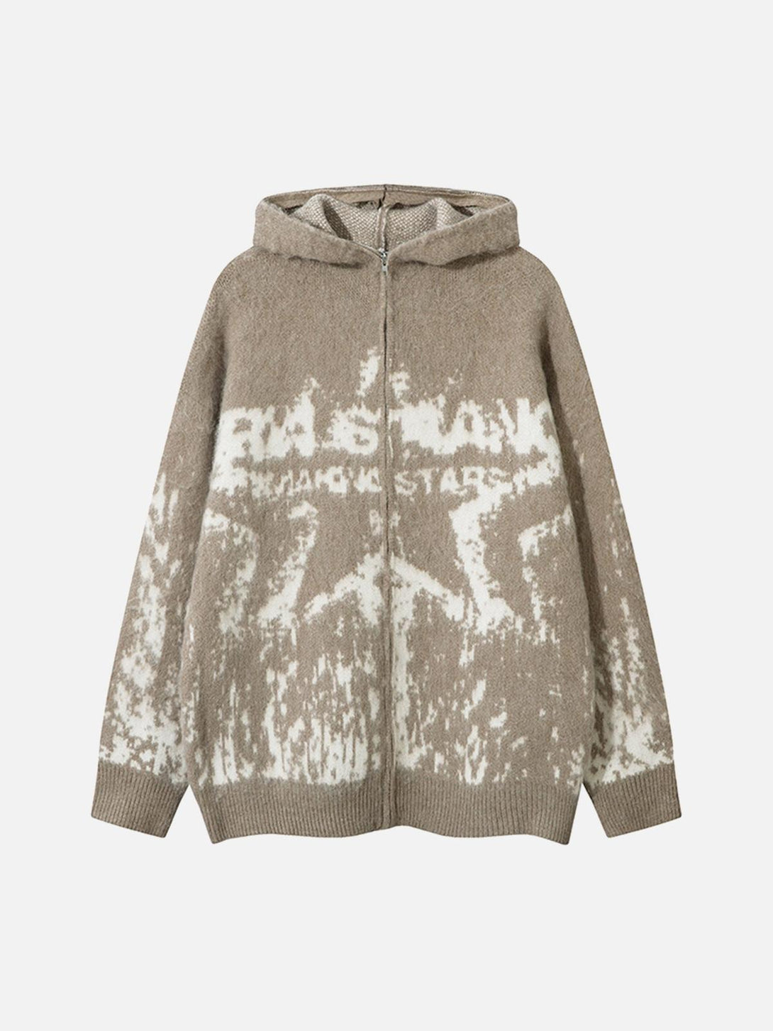 Front view of a khaki mohair hooded zip-up sweater by TALISHKO with a unique star pattern.