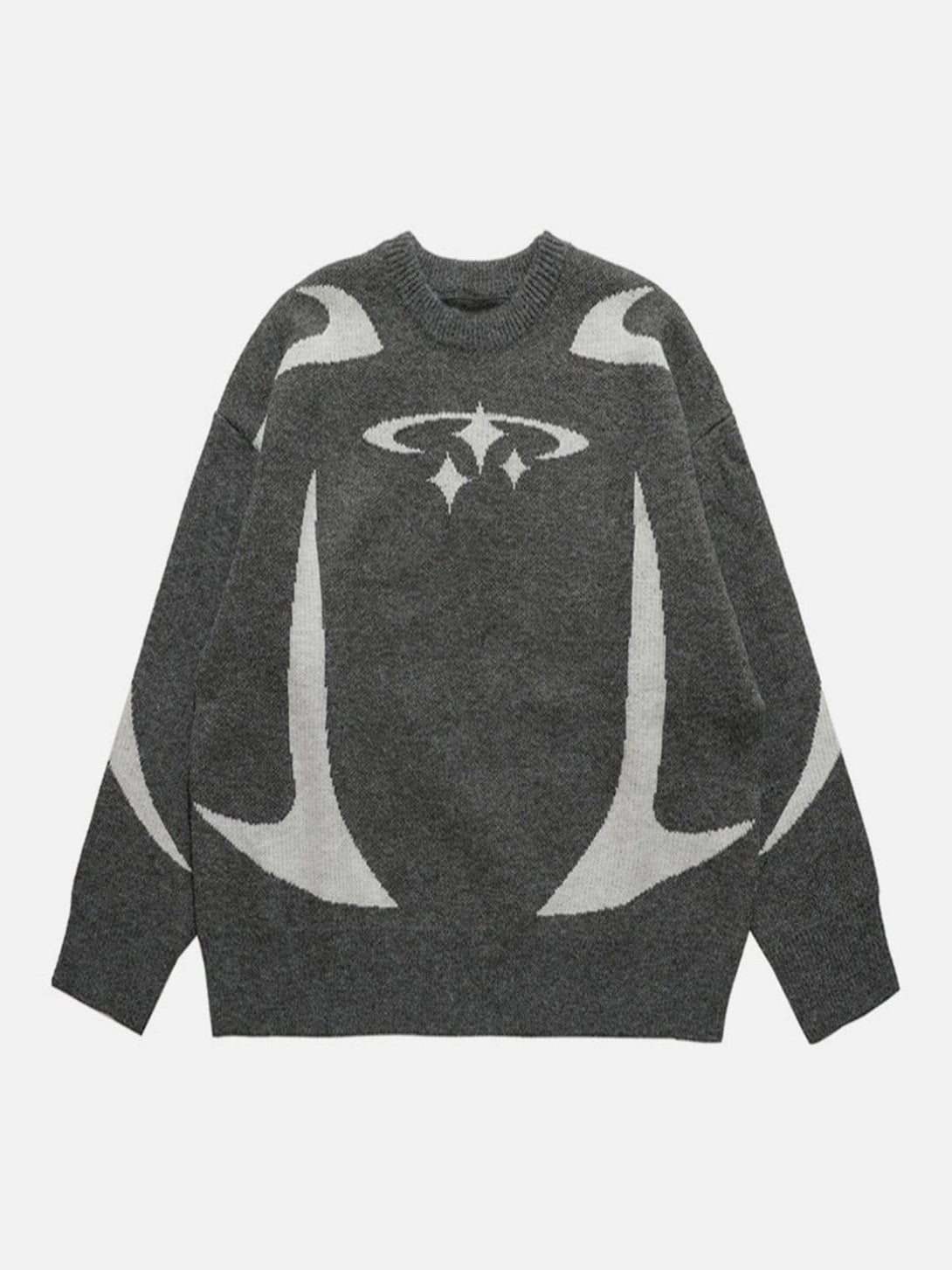 Front view of a gray star pattern sweater by TALISHKO, featuring bold geometric designs.